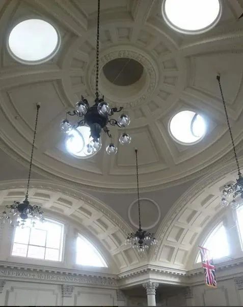 Ornate domed ceiling with decorative plasterwork painted by Paul Crosby Decorators