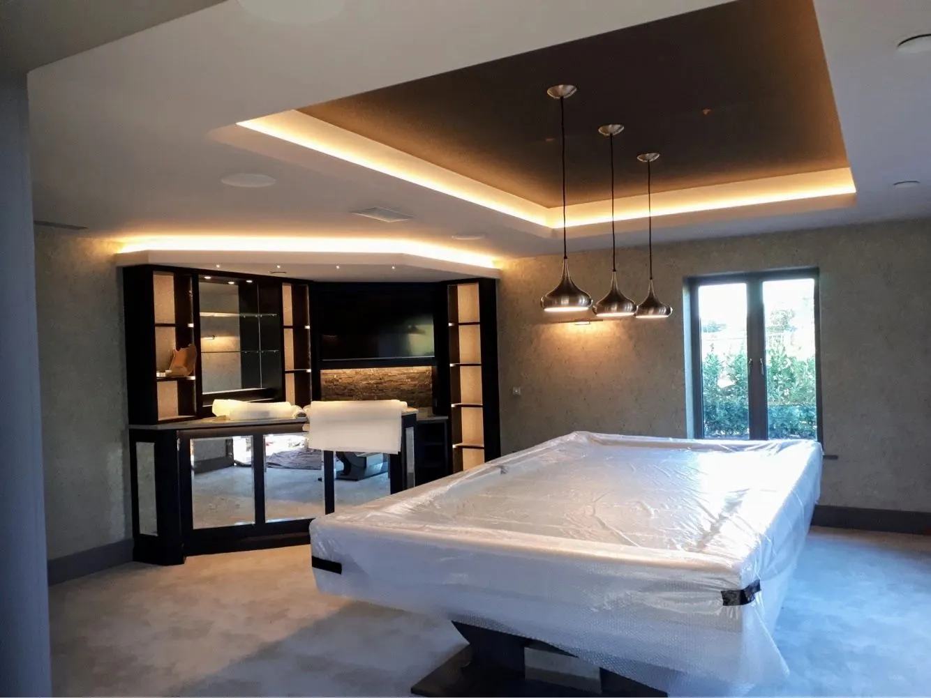 Games room with feature ceiling decorated by Paul Crosby Decorators York