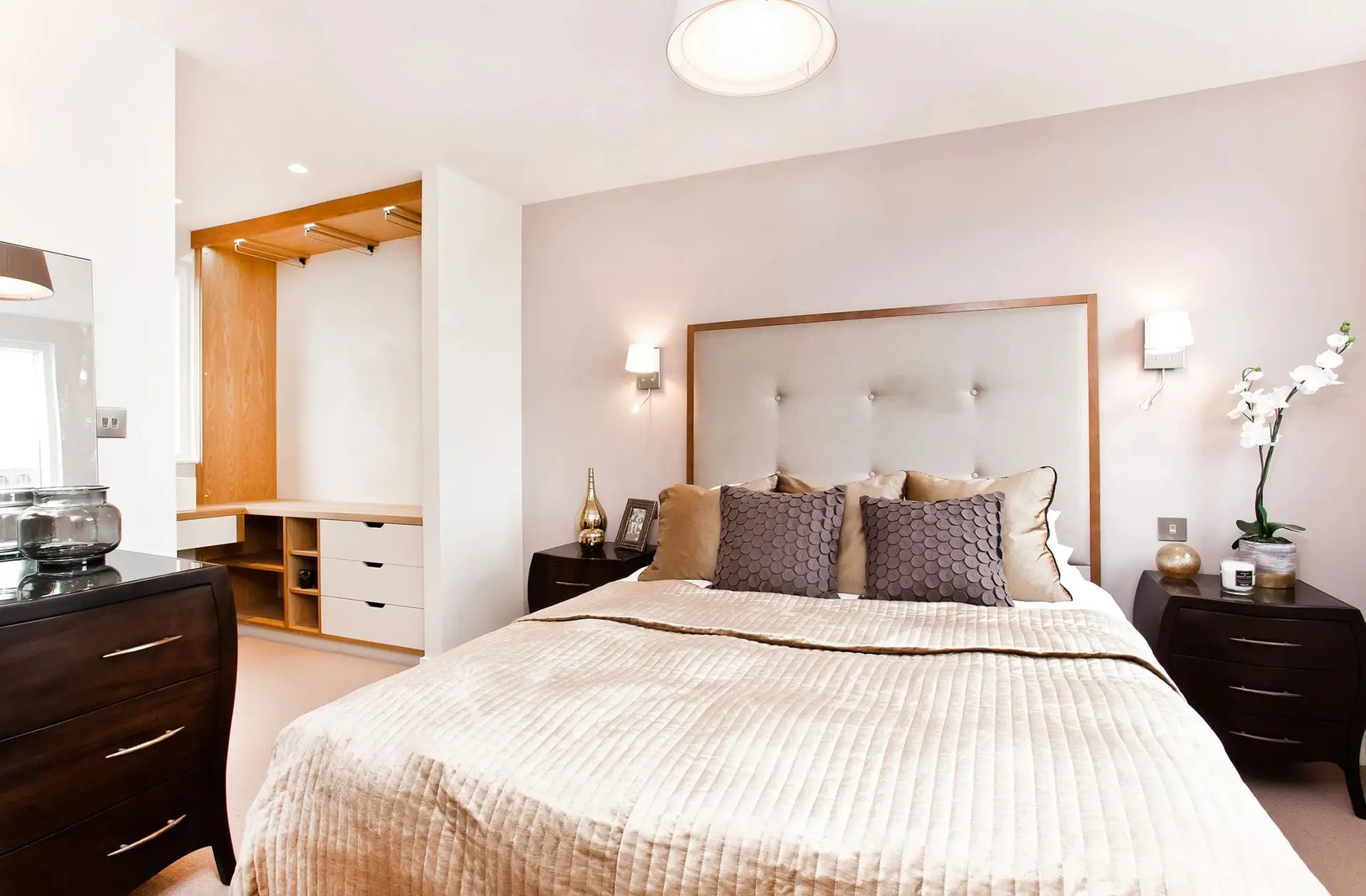Freshly decorated master bedroom with panelled headboard wall, Paul Crosby Decorators York